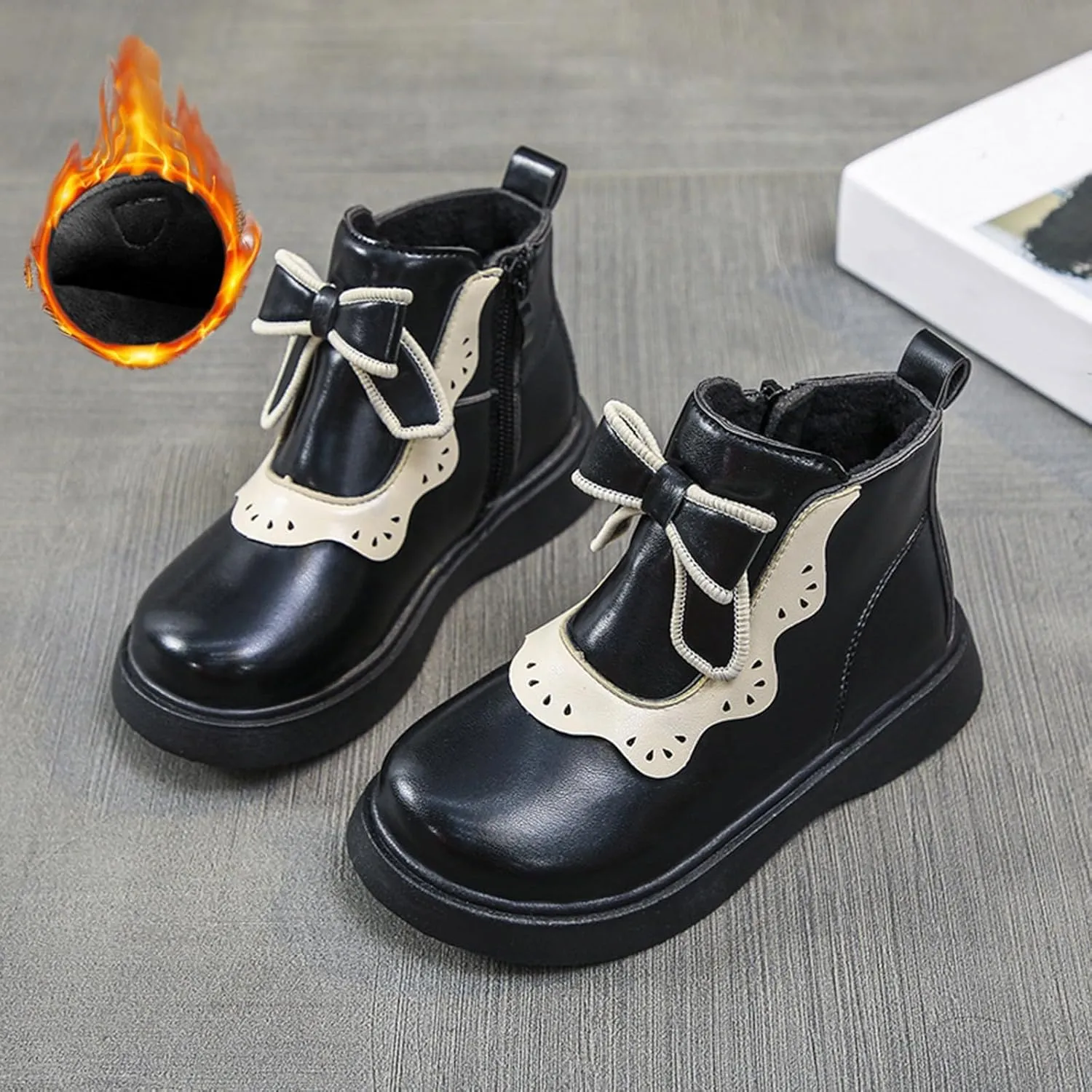 Girls Bow Mary Jane Boots Leather Side Zipper Ankle Boots Non Slip Sort Sole Comfortable Waterproof Short Boots