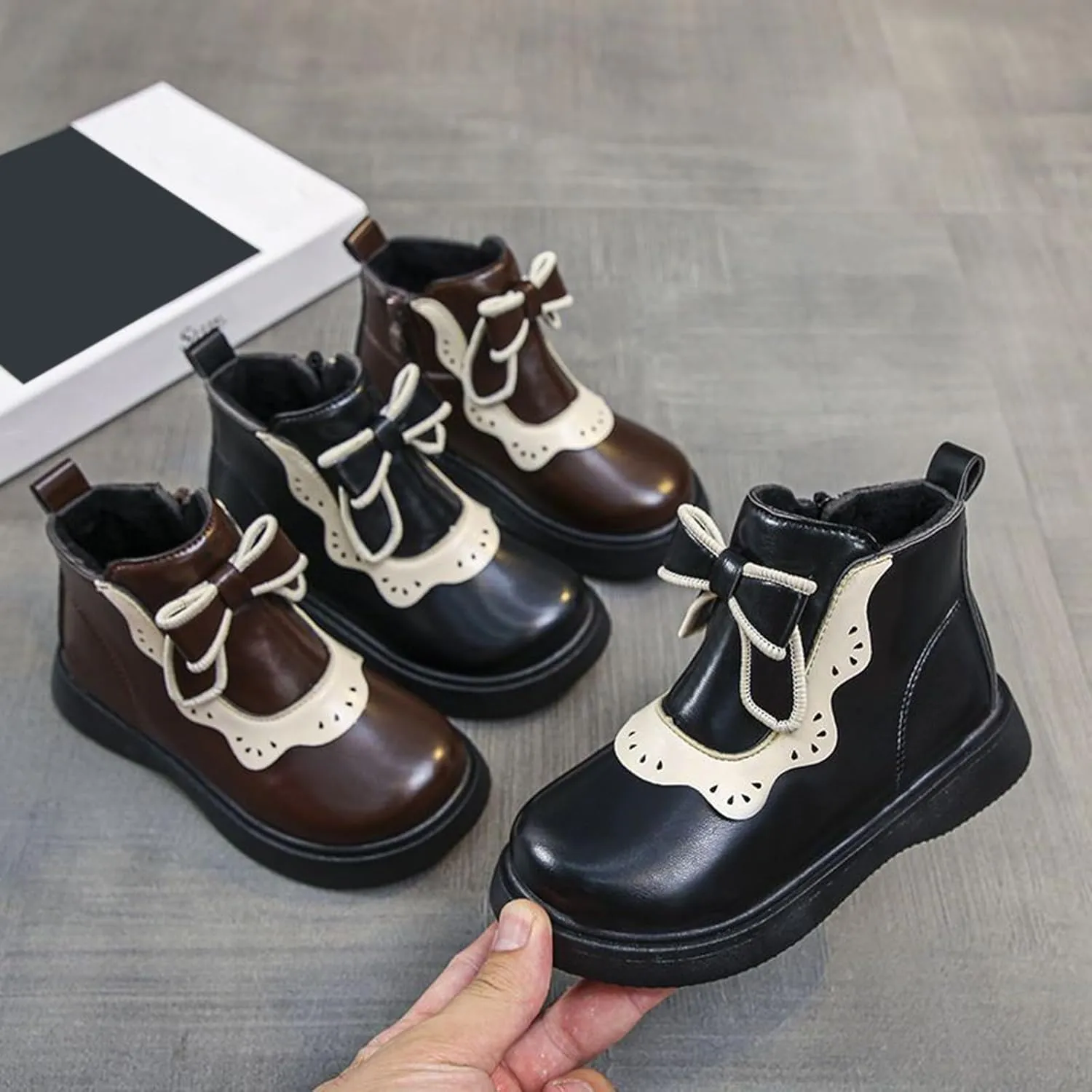 Girls Bow Mary Jane Boots Leather Side Zipper Ankle Boots Non Slip Sort Sole Comfortable Waterproof Short Boots