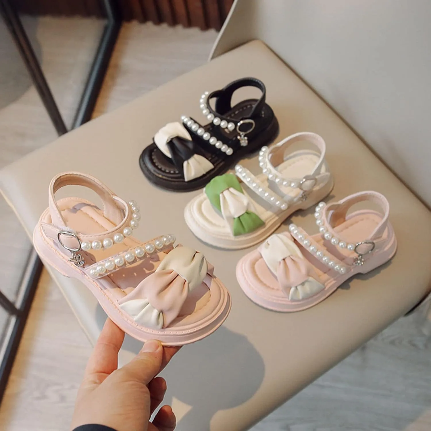 Girls Kids Beaded Adjusted Buckle Sandals Baby Childrens Sole Non Slip Bow Rubber Shoes Summer Light Strap Dance Shoes