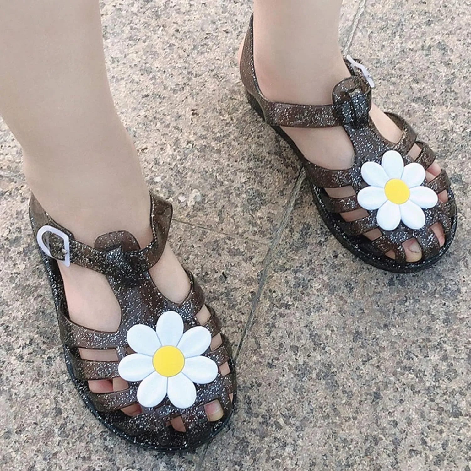 Girls Kids Flower Jelly Sandals Summer Dress Jellies Shoes With Strap Closed Toe Soft Beach Pool Shoes Casual