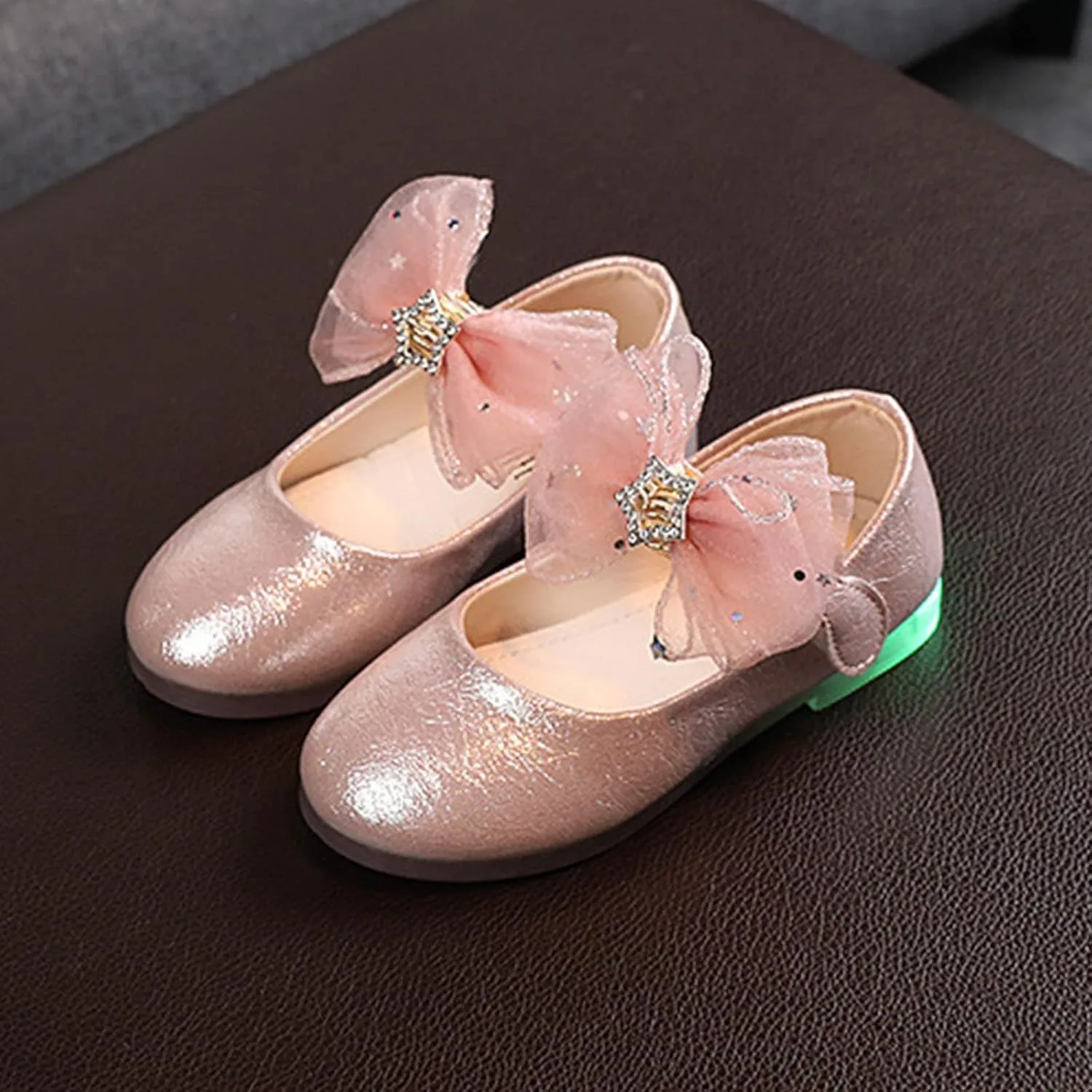 Infant Baby Girls Bow Princess Shoes Luminous Princess Shoes Soft Sole Wedding Dress Shoes Children's Lamp Shoes