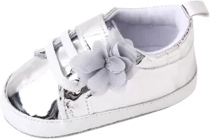 Infant Baby Girls Flower PU Leather Sneakers Newborn Toddler Solid Soft Sole Anti-Slip Shiny Ankle Dress Shoes