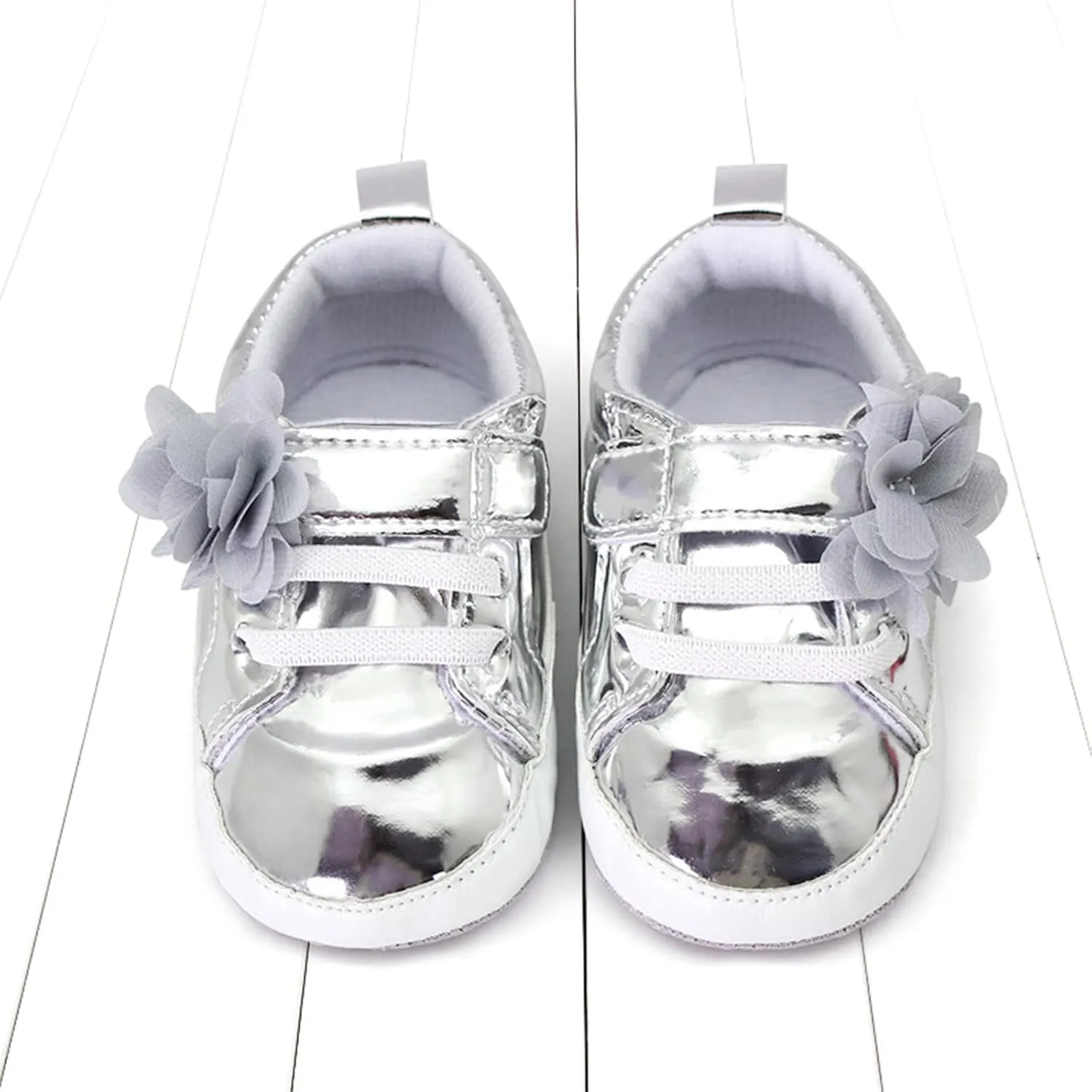 Infant Baby Girls Flower PU Leather Sneakers Newborn Toddler Solid Soft Sole Anti-Slip Shiny Ankle Dress Shoes