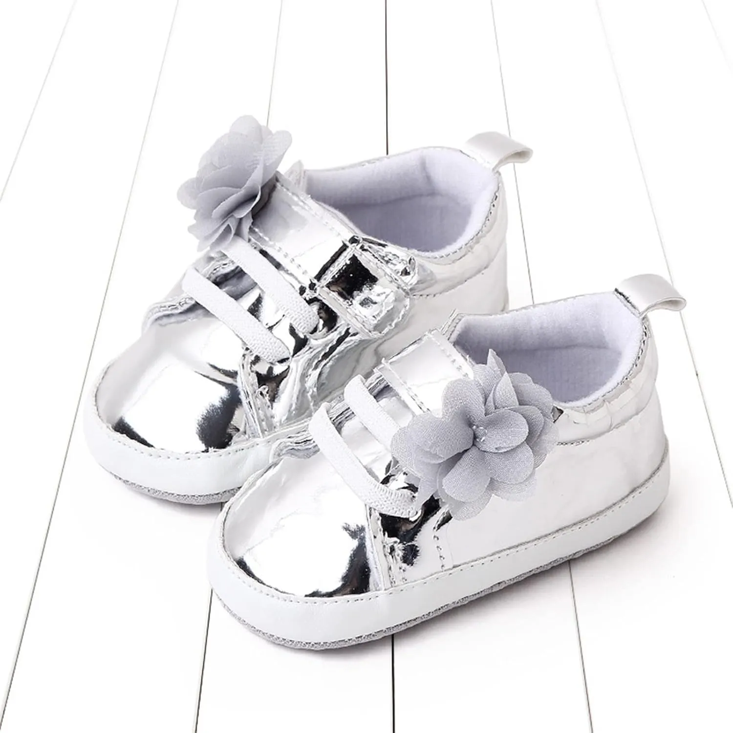 Infant Baby Girls Flower PU Leather Sneakers Newborn Toddler Solid Soft Sole Anti-Slip Shiny Ankle Dress Shoes