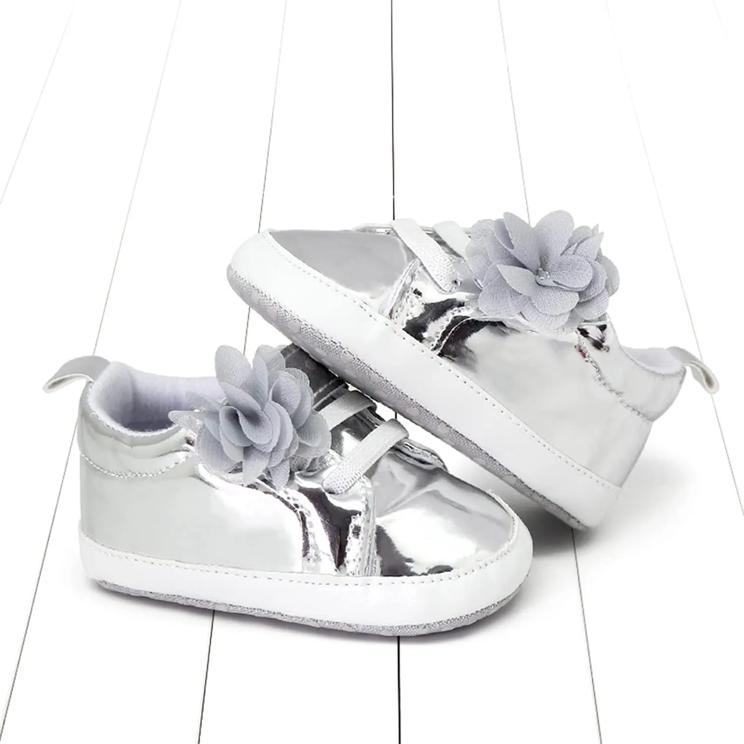 Infant Baby Girls Flower PU Leather Sneakers Newborn Toddler Solid Soft Sole Anti-Slip Shiny Ankle Dress Shoes