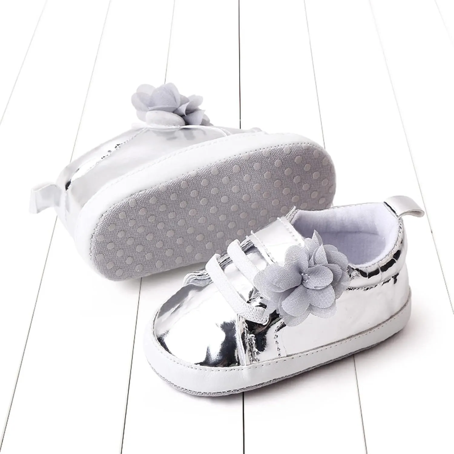 Infant Baby Girls Flower PU Leather Sneakers Newborn Toddler Solid Soft Sole Anti-Slip Shiny Ankle Dress Shoes