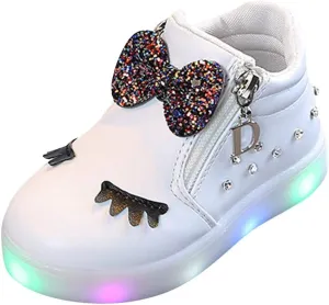Infant Kids Crystal Bowknot LED Luminous Boots,12M-6T Baby Girls Sport Shoes Anti-Slip Shoes Soft Sole Sneakers