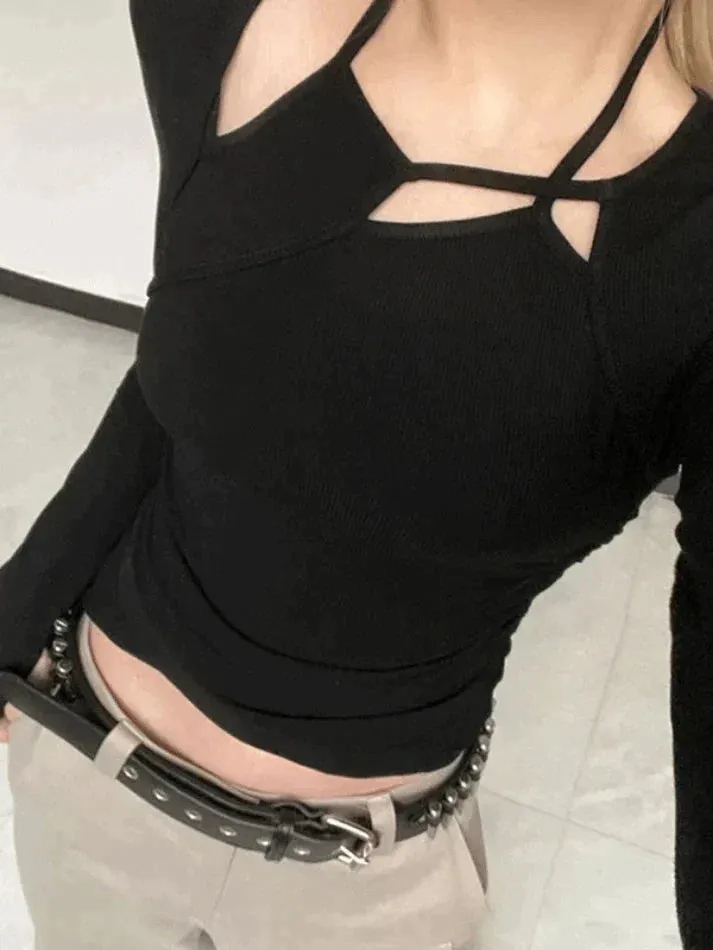 Irregular Cutout Black Long Sleeve Top