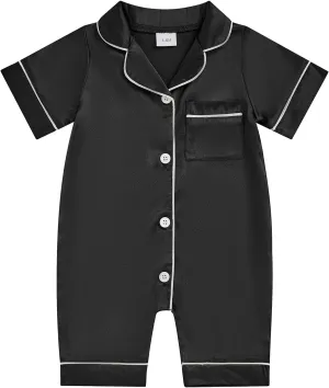 MAINESAKA Baby Girl Boy Satin Romper Pajamas Short Sleeve Lapel Button Down Silk Jumpsuit Pjs Infant One Piece Sleepwear