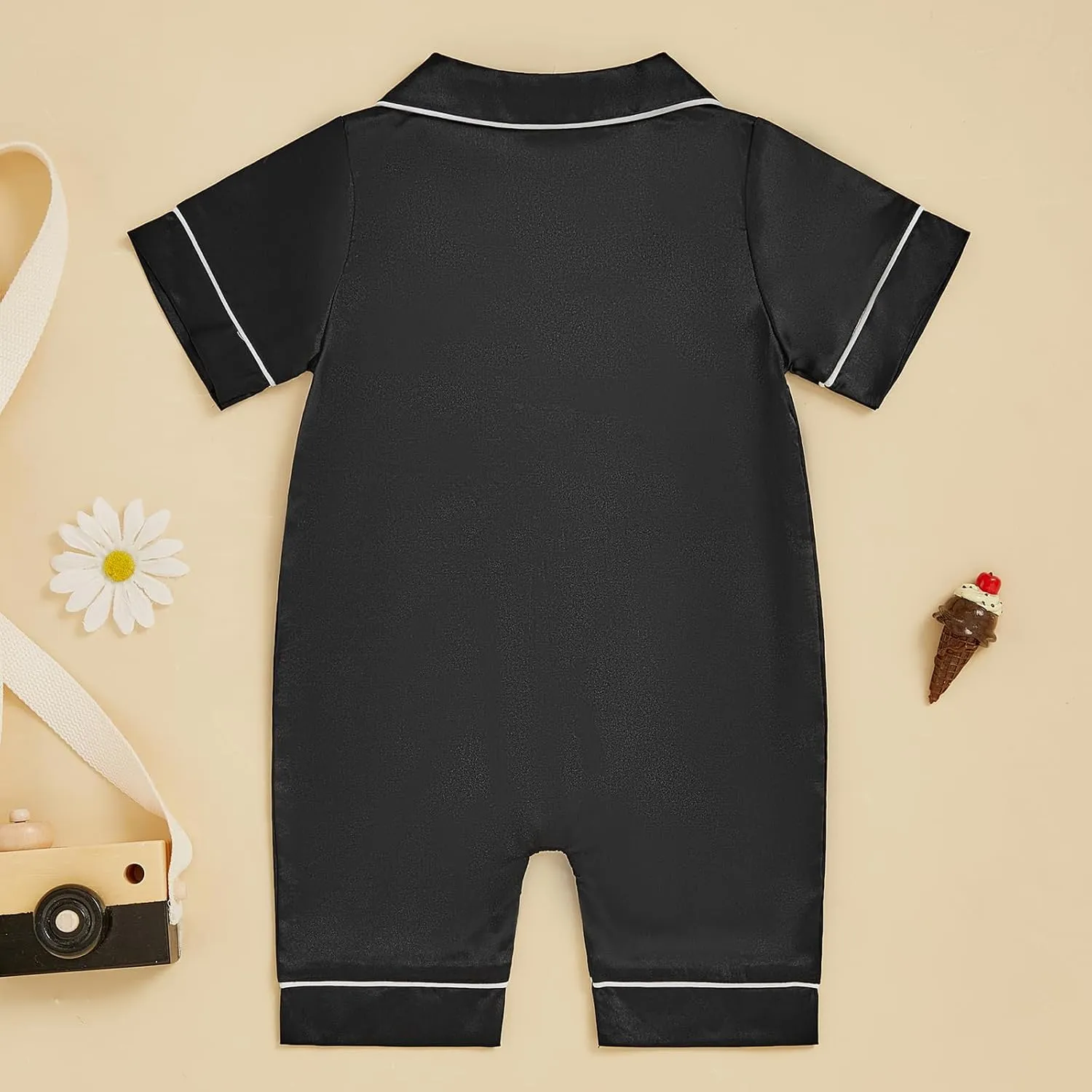 MAINESAKA Baby Girl Boy Satin Romper Pajamas Short Sleeve Lapel Button Down Silk Jumpsuit Pjs Infant One Piece Sleepwear
