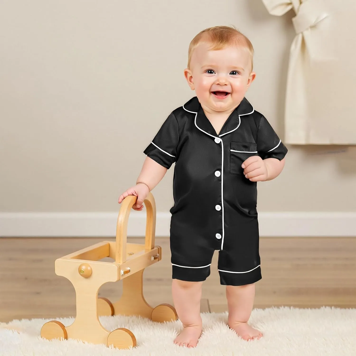 MAINESAKA Baby Girl Boy Satin Romper Pajamas Short Sleeve Lapel Button Down Silk Jumpsuit Pjs Infant One Piece Sleepwear