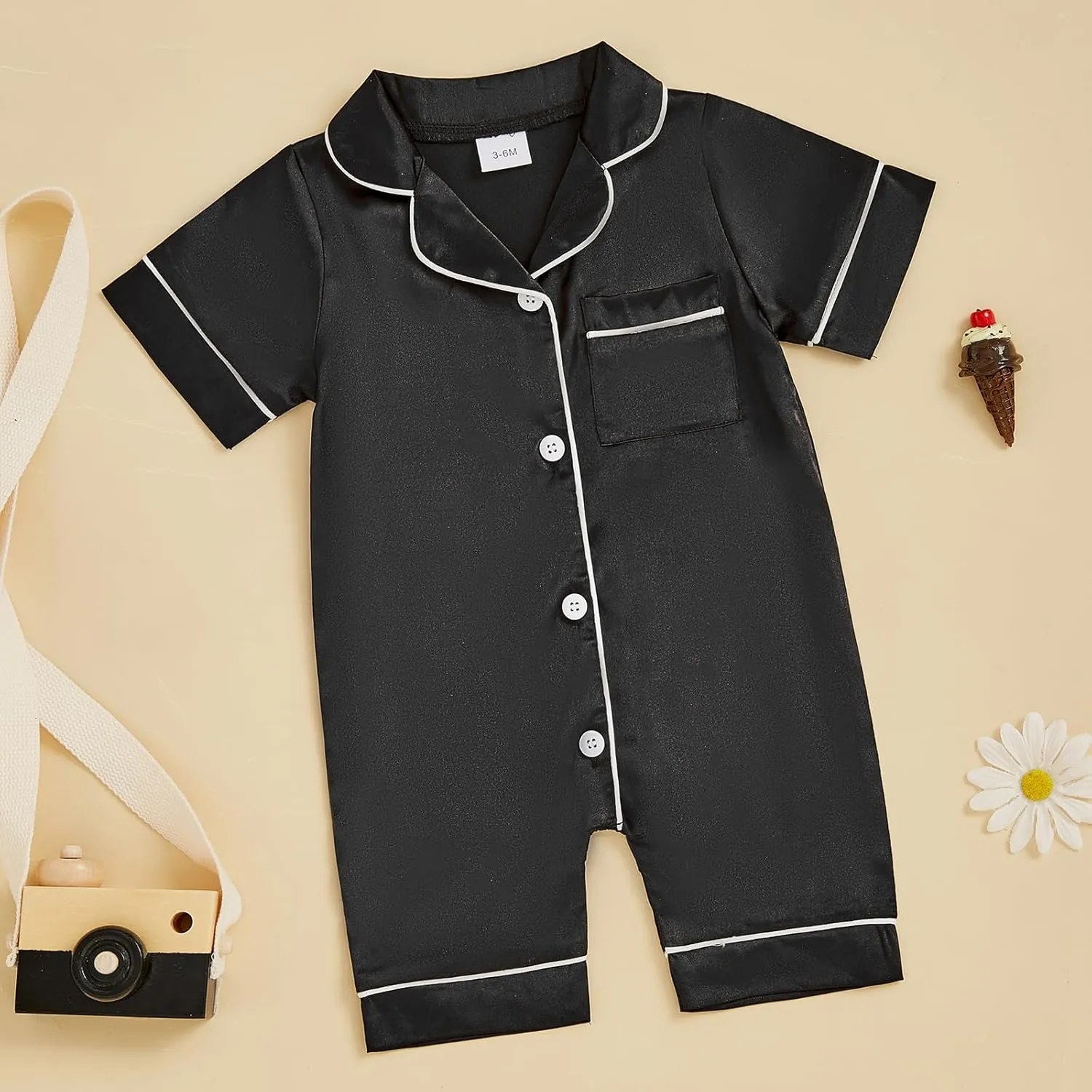 MAINESAKA Baby Girl Boy Satin Romper Pajamas Short Sleeve Lapel Button Down Silk Jumpsuit Pjs Infant One Piece Sleepwear