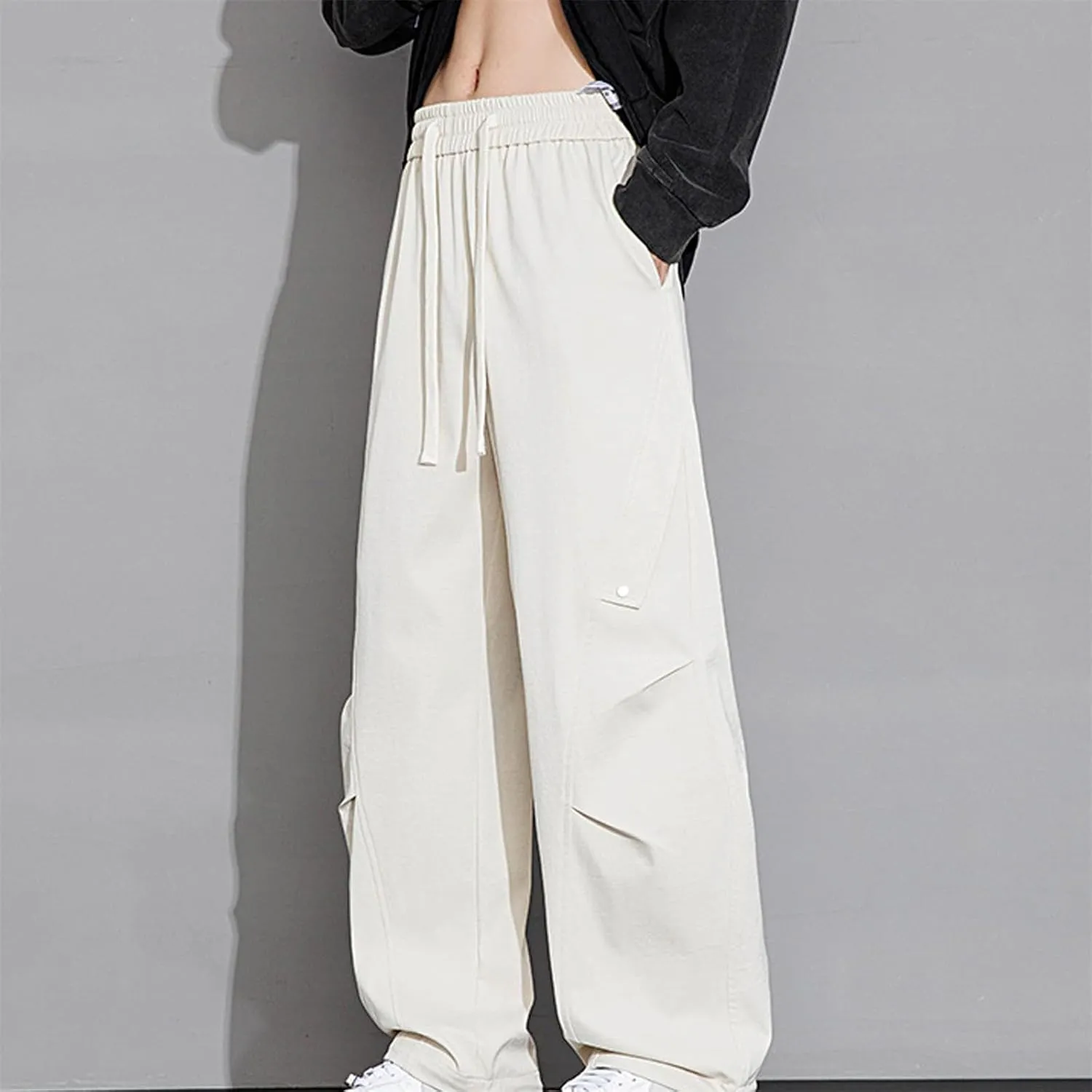 Mens Wide Leg Pants Trendy Loose Fit Casual Pant Plus Size Drawstring Waist Slacks Summer Fashion Trouser with Pocket