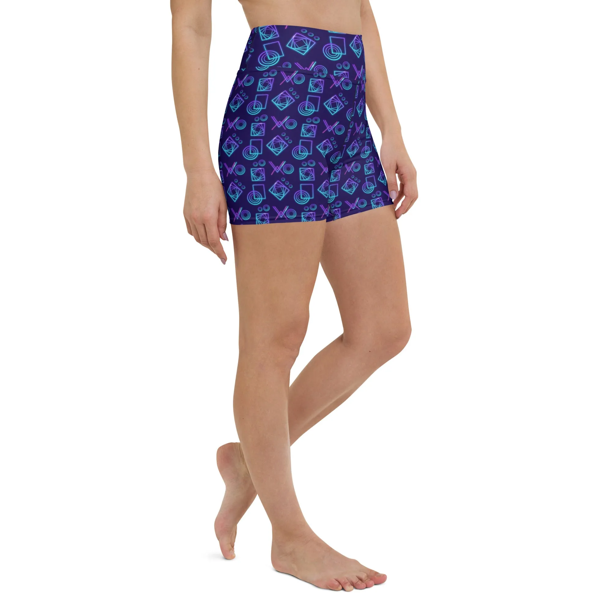 Neon Geo in Navy High-Waisted Yoga Shorts | Vibrant & Functional