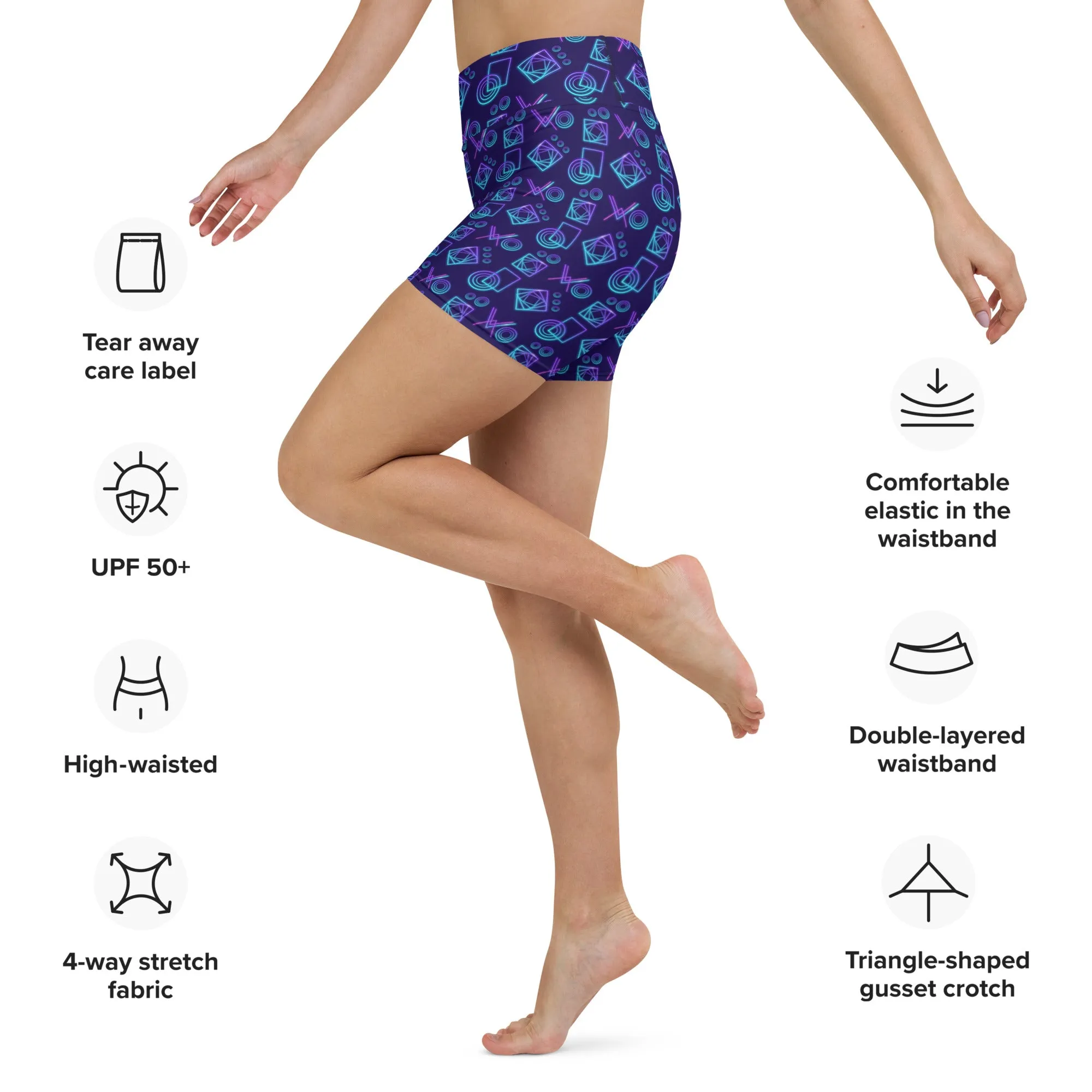 Neon Geo in Navy High-Waisted Yoga Shorts | Vibrant & Functional