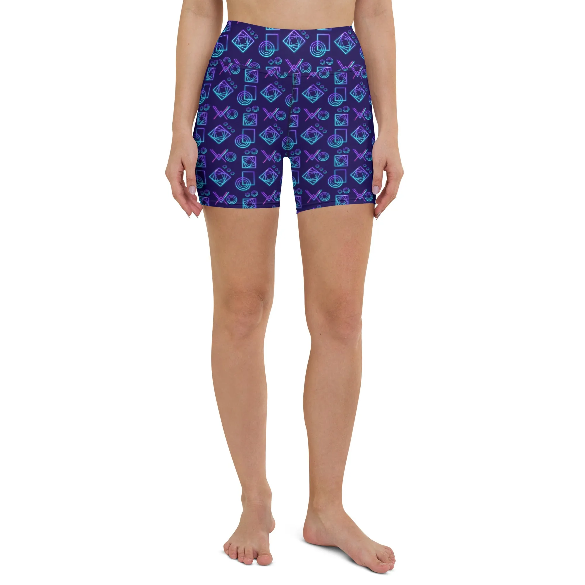 Neon Geo in Navy High-Waisted Yoga Shorts | Vibrant & Functional