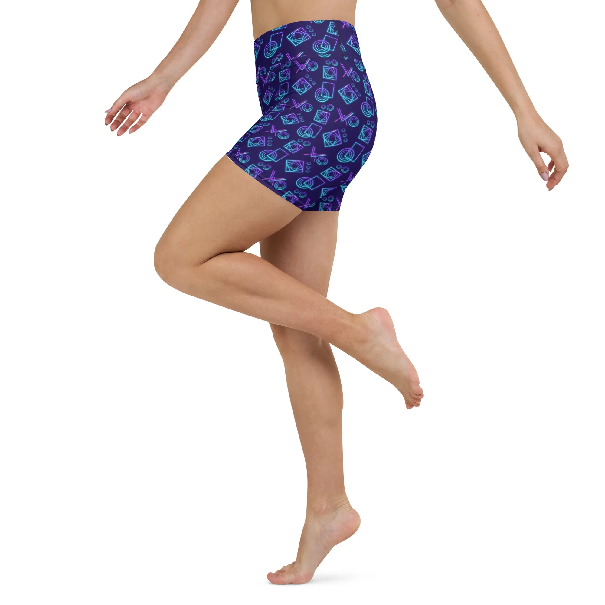 Neon Geo in Navy High-Waisted Yoga Shorts | Vibrant & Functional
