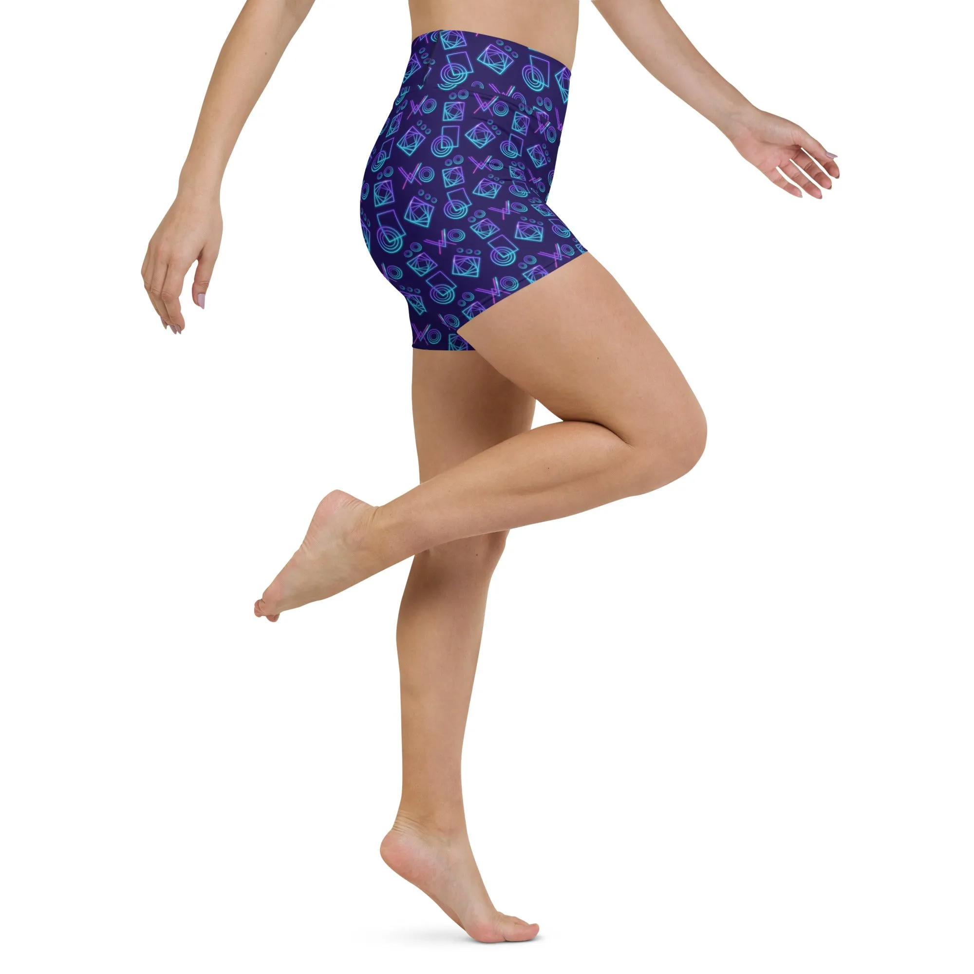 Neon Geo in Navy High-Waisted Yoga Shorts | Vibrant & Functional