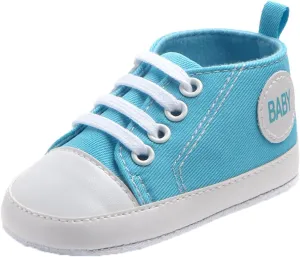 Newborn Baby Girls Boys Canvas Shoes Soft Sole Slip On High Top First Walking Sneaker Flat Lace up (Blue, 0-3Months)
