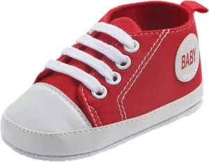 Newborn Baby Girls Boys Canvas Shoes Soft Sole Slip On High Top First Walking Sneaker Flat Lace up Crib (Red, 6-9Months)