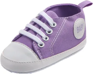 Newborn Baby Girls Boys Canvas Shoes Soft Sole Slip On High Top First Walking Sneaker Flat Lace up (Purple, 0-3Months)