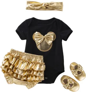 Newborn Baby Girls Mini Mouse Gold Short Sleeve Romper Ruffle Bloomers Pants Headband Shoes Outfits 4Pcs