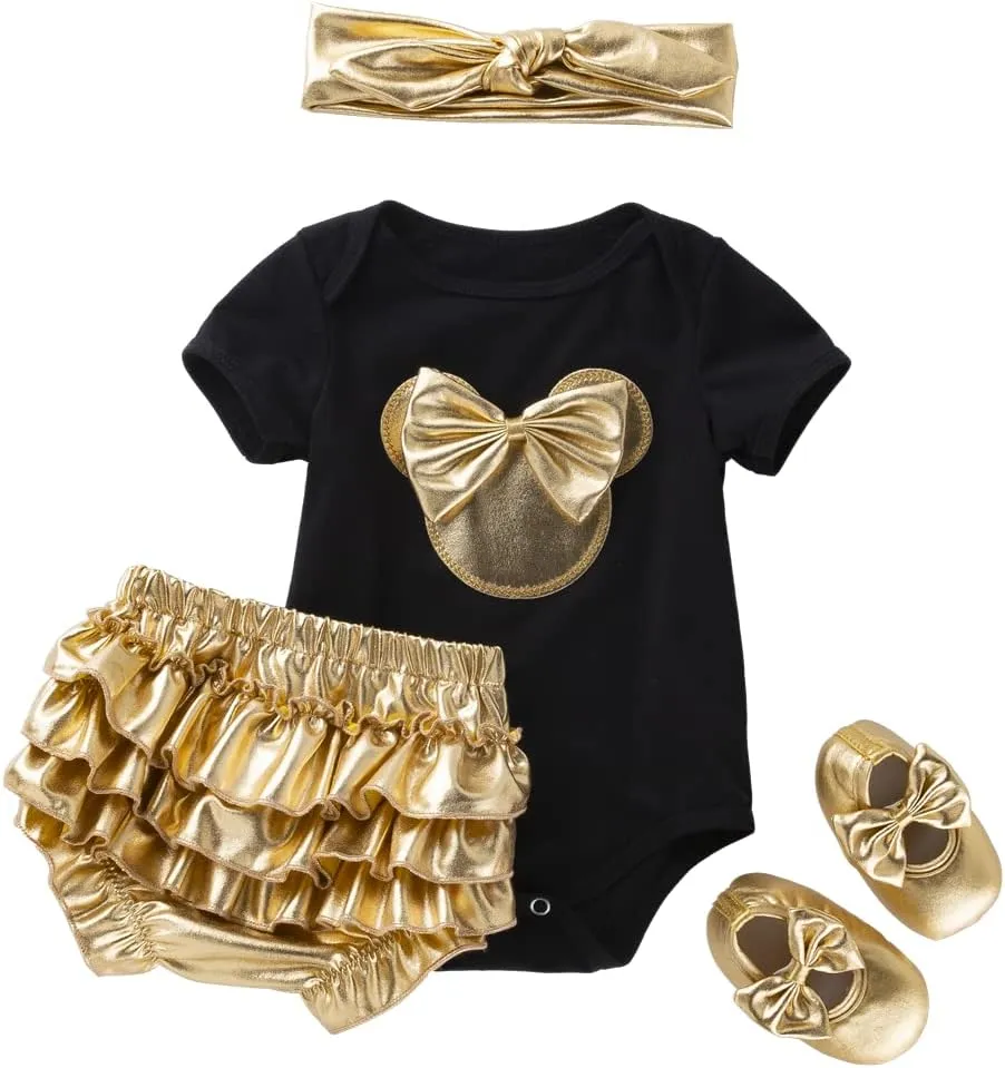 Newborn Baby Girls Mini Mouse Gold Short Sleeve Romper Ruffle Bloomers Pants Headband Shoes Outfits 4Pcs