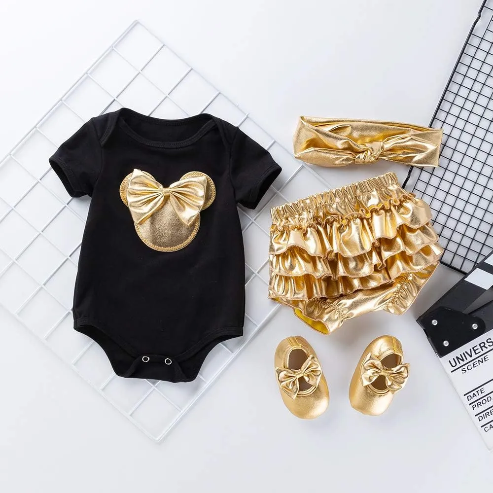 Newborn Baby Girls Mini Mouse Gold Short Sleeve Romper Ruffle Bloomers Pants Headband Shoes Outfits 4Pcs
