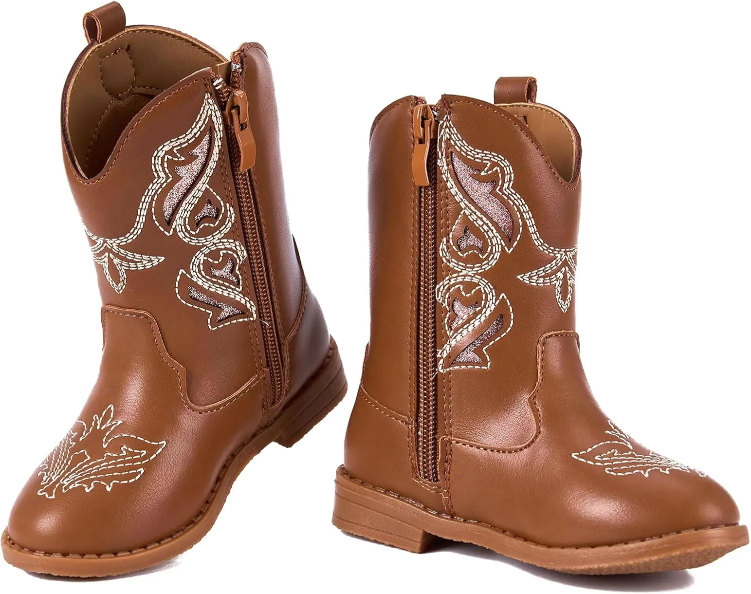 Newsonet Toddler Girls Cowboy Cowgirl Boots Round Toe Western Boots Mid Calf Side Zipper Riding Shoes for All Seasons Spring Summer Winter Fall