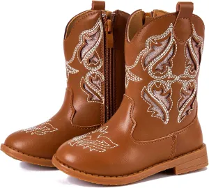 Newsonet Toddler Girls Cowboy Cowgirl Boots Round Toe Western Boots Mid Calf Side Zipper Riding Shoes for All Seasons Spring Summer Winter Fall