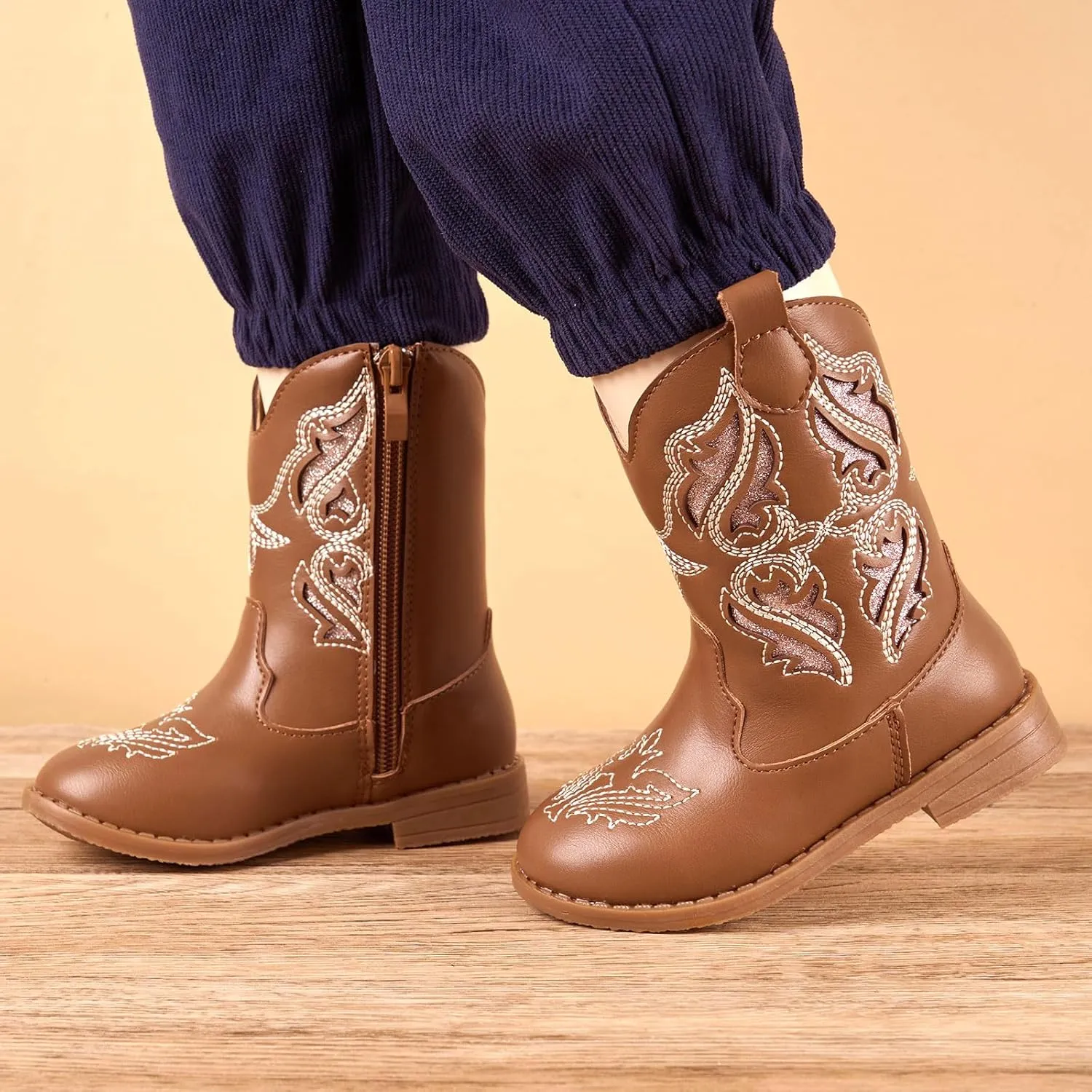 Newsonet Toddler Girls Cowboy Cowgirl Boots Round Toe Western Boots Mid Calf Side Zipper Riding Shoes for All Seasons Spring Summer Winter Fall