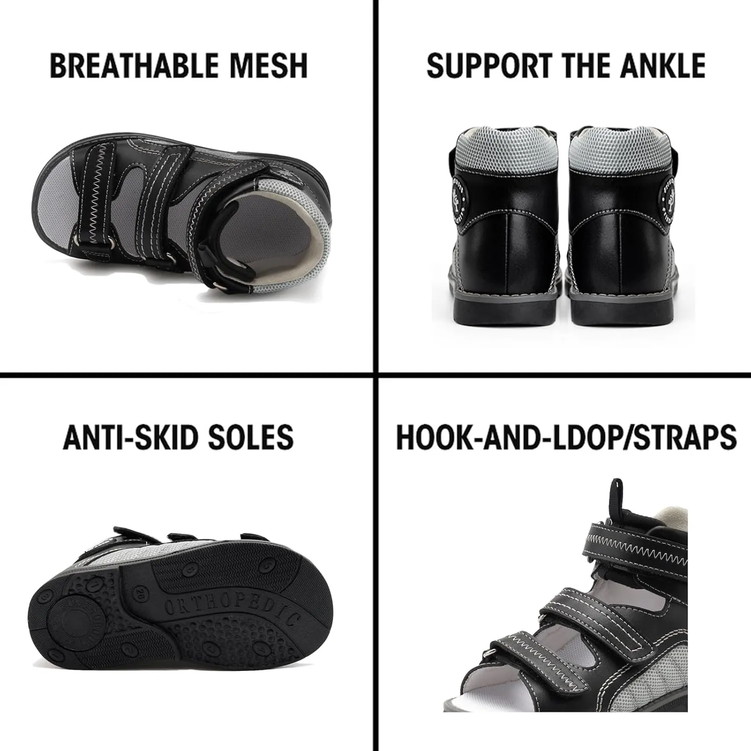 Orthopedic Sandals for Toddlers with Arch and Ankle Support,Kids High Back Black Shoes