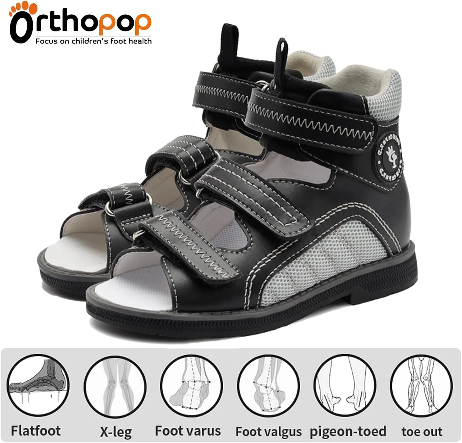 Orthopedic Sandals for Toddlers with Arch and Ankle Support,Kids High Back Black Shoes
