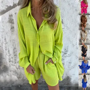 Patricia  2-teiliges lockeres Langarmhemd mit Reversknopfoberteilen und elastischen Shorts