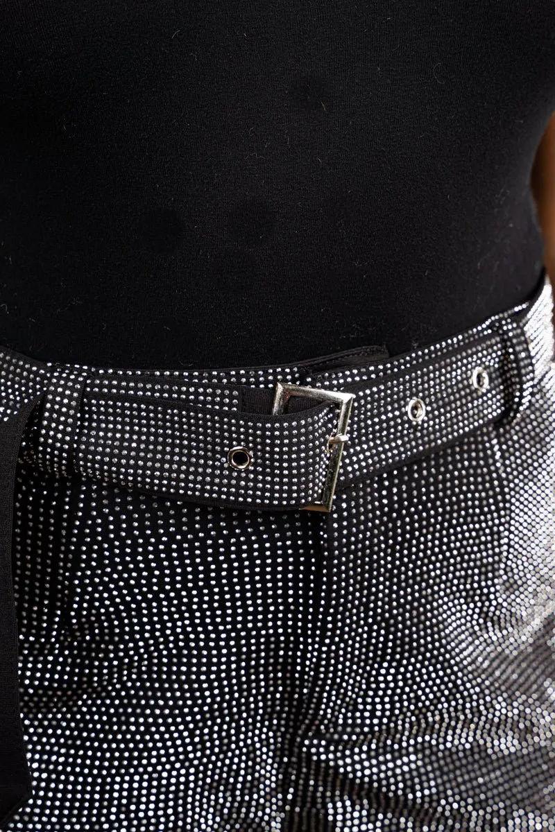 SALE! Saturday Shimmer Black Crystal Belted Shorts