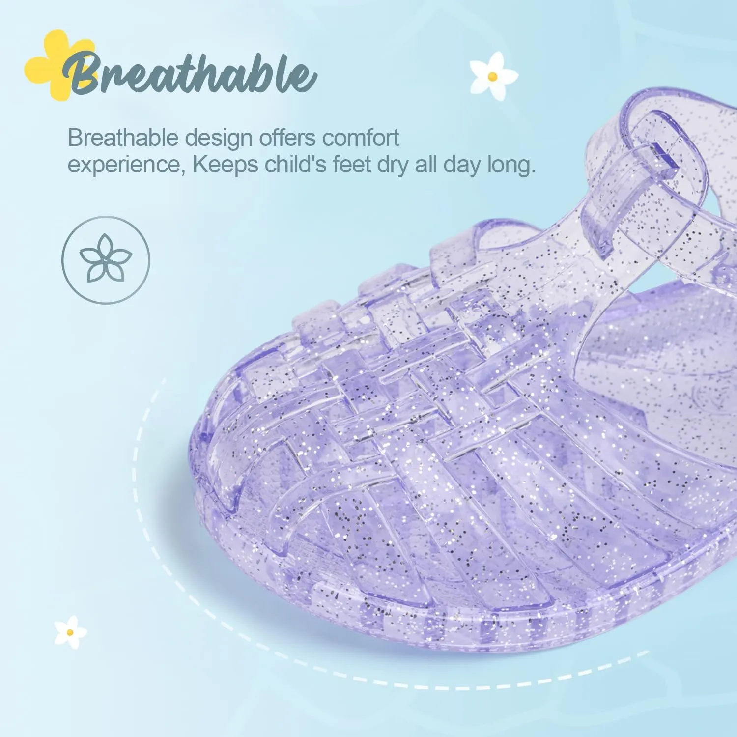 Sawimlgy Toddler Girls Jelly Sandals Summer Beach Closed Toe Crystal Princess Dress Flat Little Kid T-strap Rubber Sole Shoe