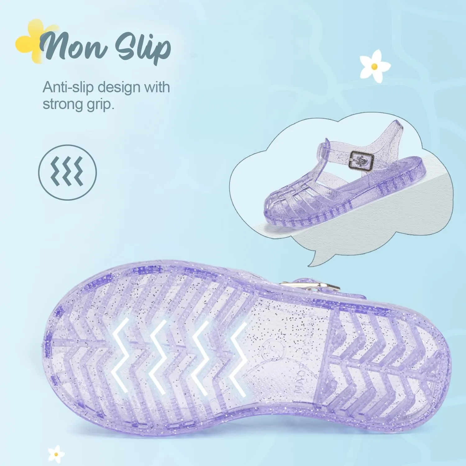 Sawimlgy Toddler Girls Jelly Sandals Summer Beach Closed Toe Crystal Princess Dress Flat Little Kid T-strap Rubber Sole Shoe