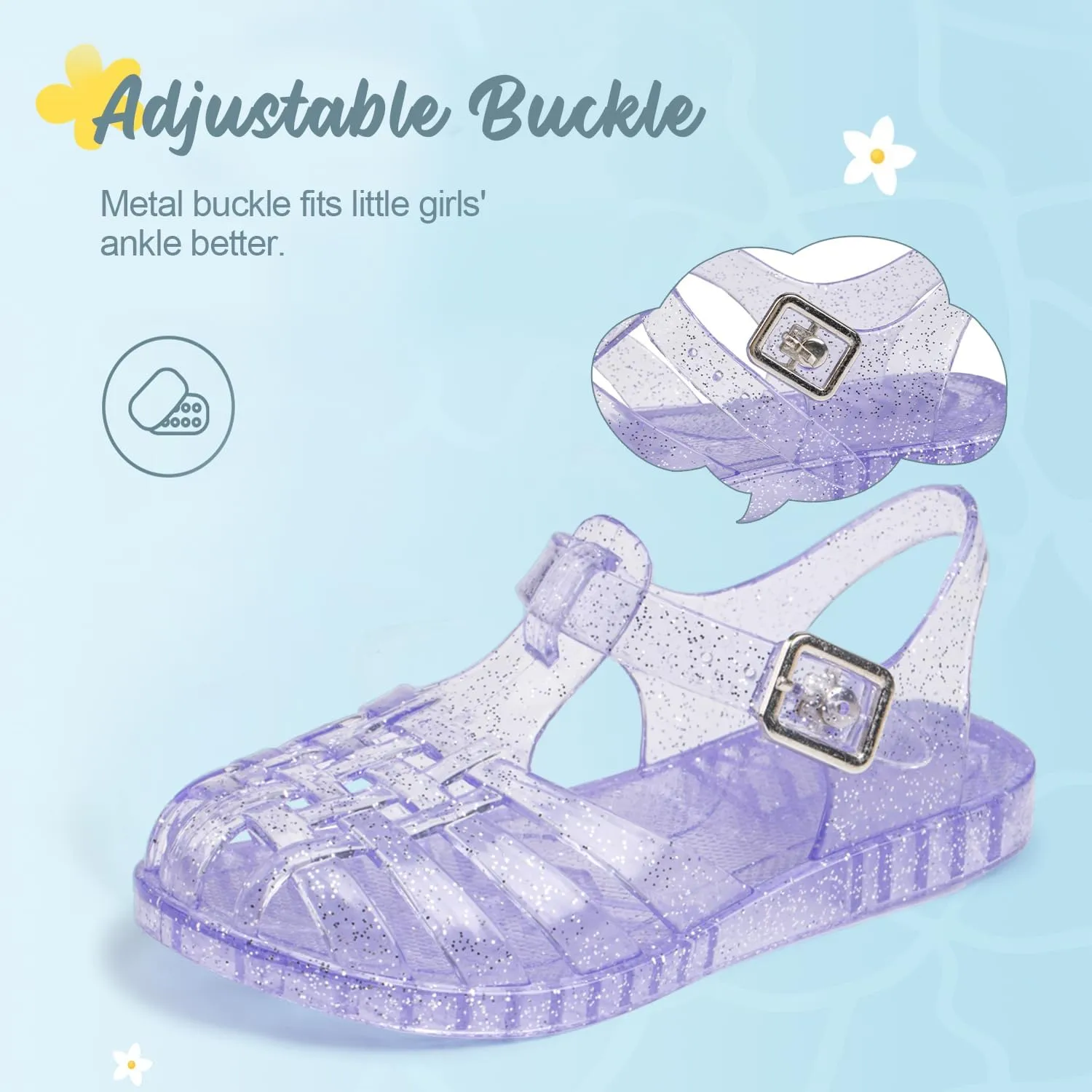 Sawimlgy Toddler Girls Jelly Sandals Summer Beach Closed Toe Crystal Princess Dress Flat Little Kid T-strap Rubber Sole Shoe