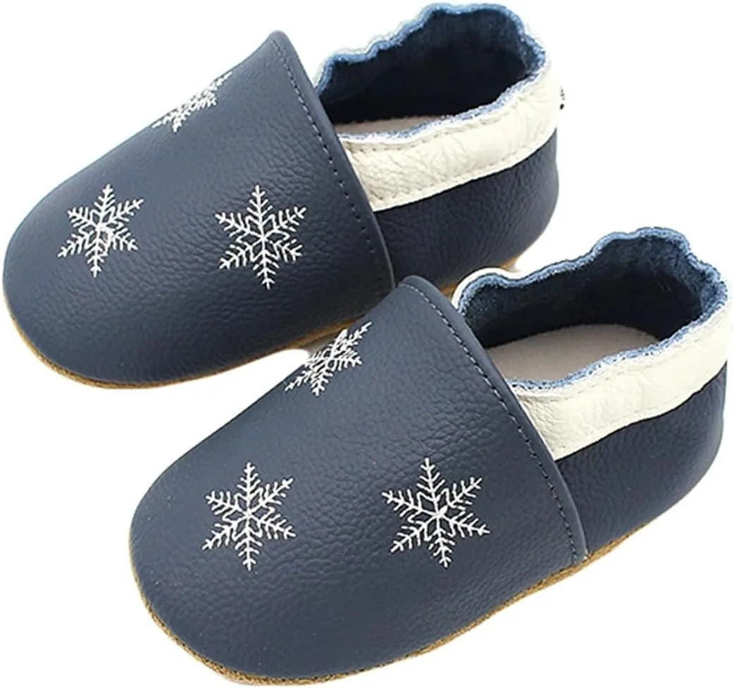 Soft Leather Slippers Baby occasins with Rubber Sole, Anti-Slip Infant Toddler First Walking Shoes for Little Baby Boys Slippers