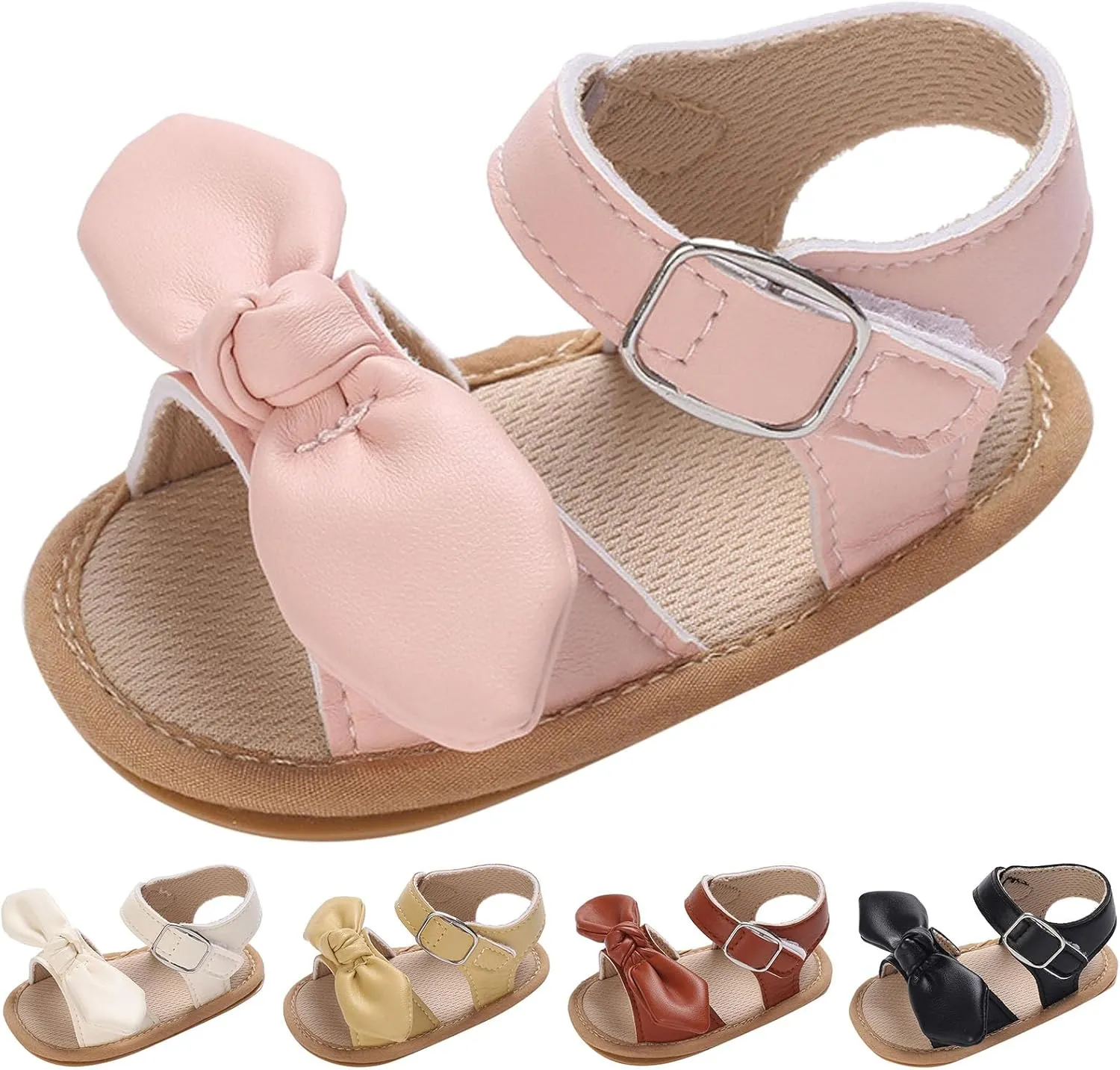 Summer Children Infant Toddler Shoes Girls Sandals Flat Bottom Lightweight Open Toe Breathable Comfortable Solid Color Bow Hook Loop Strap Baby Sandals