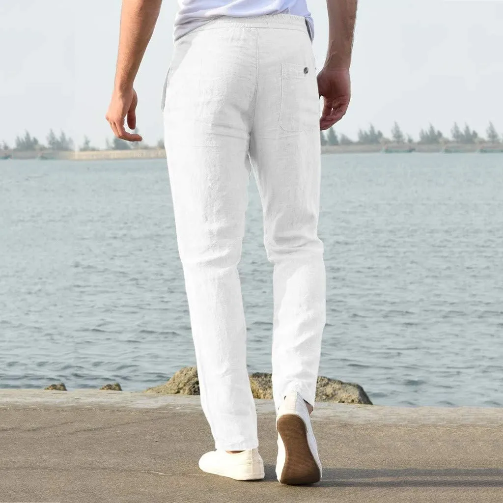 tuduoms Linen Slacks Men's Beach Casual Straight Fit Tapered Pants Summer Slim-Fit Drawstrintg Capri Pants Lightweight Pant