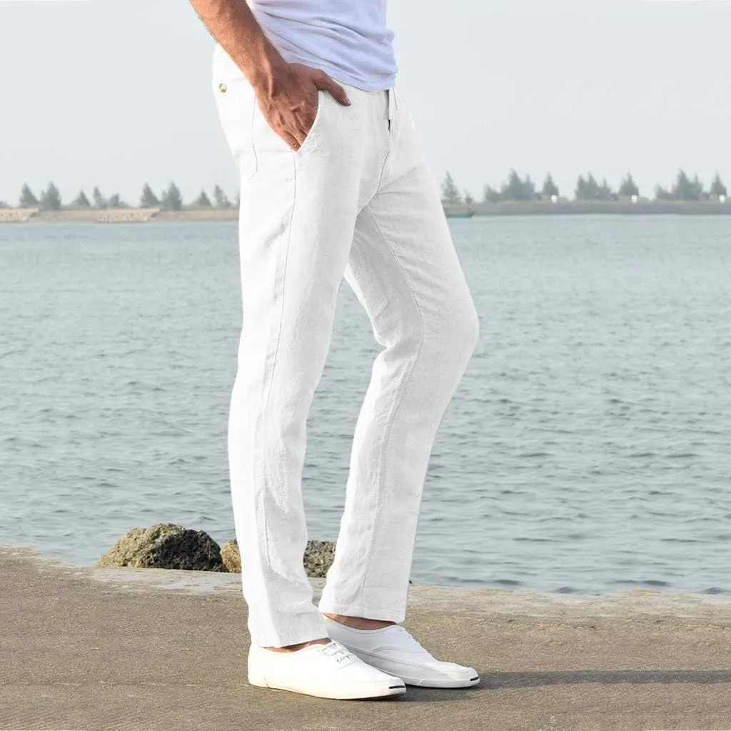 tuduoms Linen Slacks Men's Beach Casual Straight Fit Tapered Pants Summer Slim-Fit Drawstrintg Capri Pants Lightweight Pant