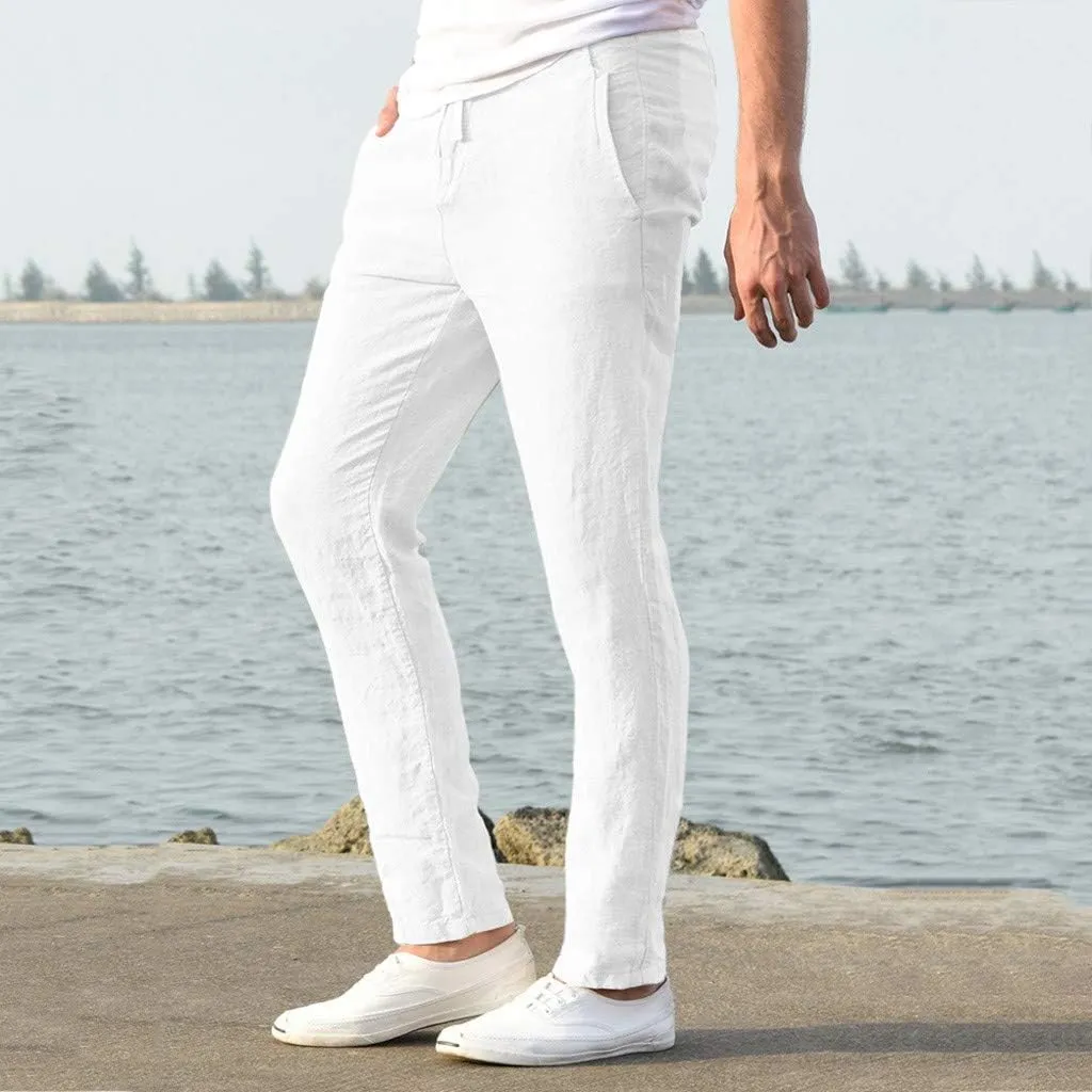 tuduoms Linen Slacks Men's Beach Casual Straight Fit Tapered Pants Summer Slim-Fit Drawstrintg Capri Pants Lightweight Pant