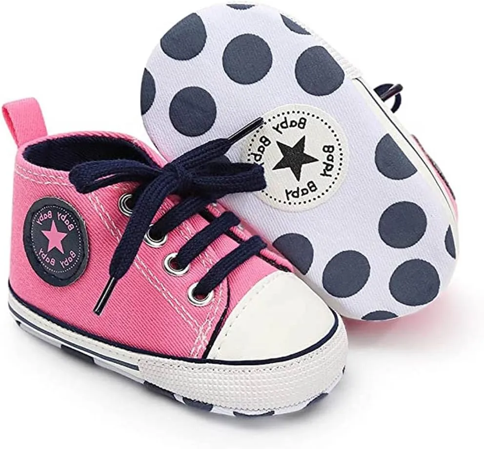 Unisex Baby Soft Sole Sneakers, Canvas Denim High Top, Newborn Infant First Walkers