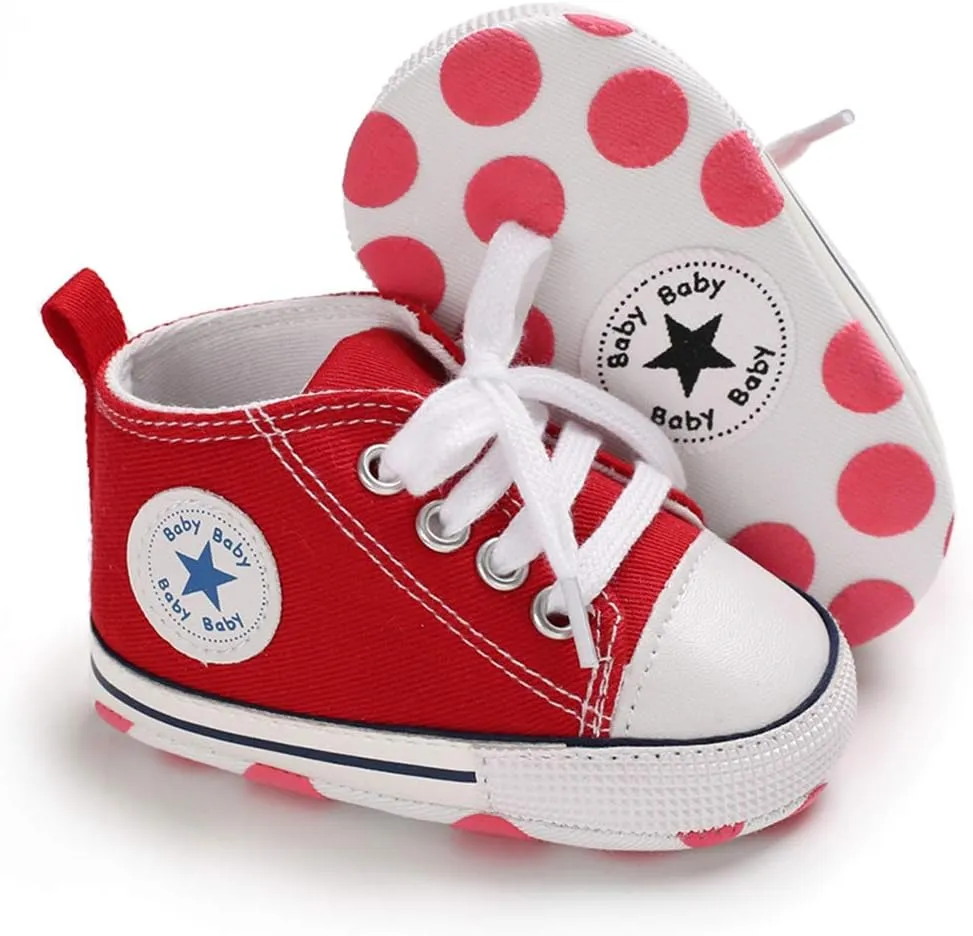 Unisex Baby Soft Sole Sneakers, Canvas Denim High Top, Newborn Infant First Walkers
