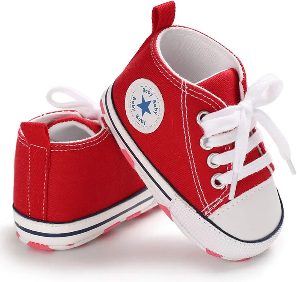 Unisex Baby Soft Sole Sneakers, Canvas Denim High Top, Newborn Infant First Walkers