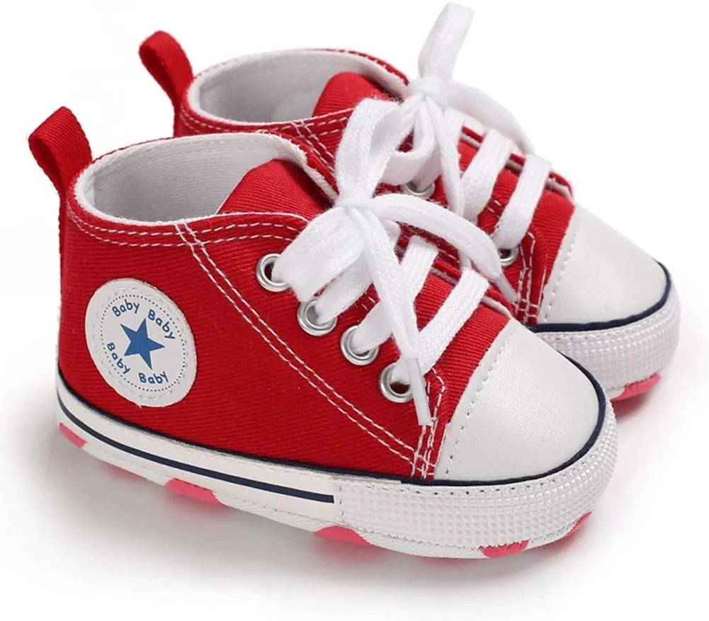 Unisex Baby Soft Sole Sneakers, Canvas Denim High Top, Newborn Infant First Walkers