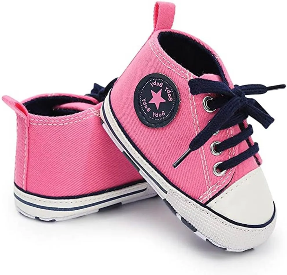 Unisex Baby Soft Sole Sneakers, Canvas Denim High Top, Newborn Infant First Walkers