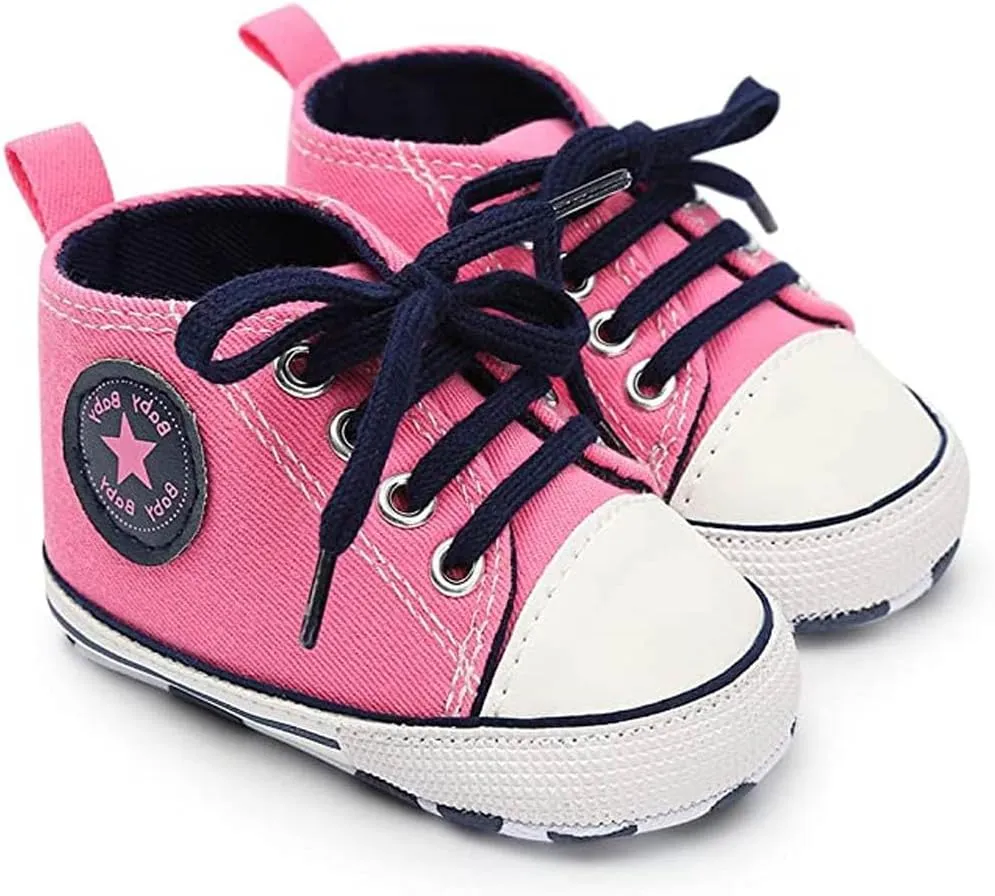 Unisex Baby Soft Sole Sneakers, Canvas Denim High Top, Newborn Infant First Walkers
