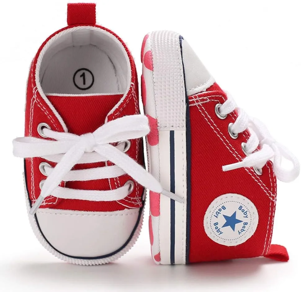 Unisex Baby Soft Sole Sneakers, Canvas Denim High Top, Newborn Infant First Walkers